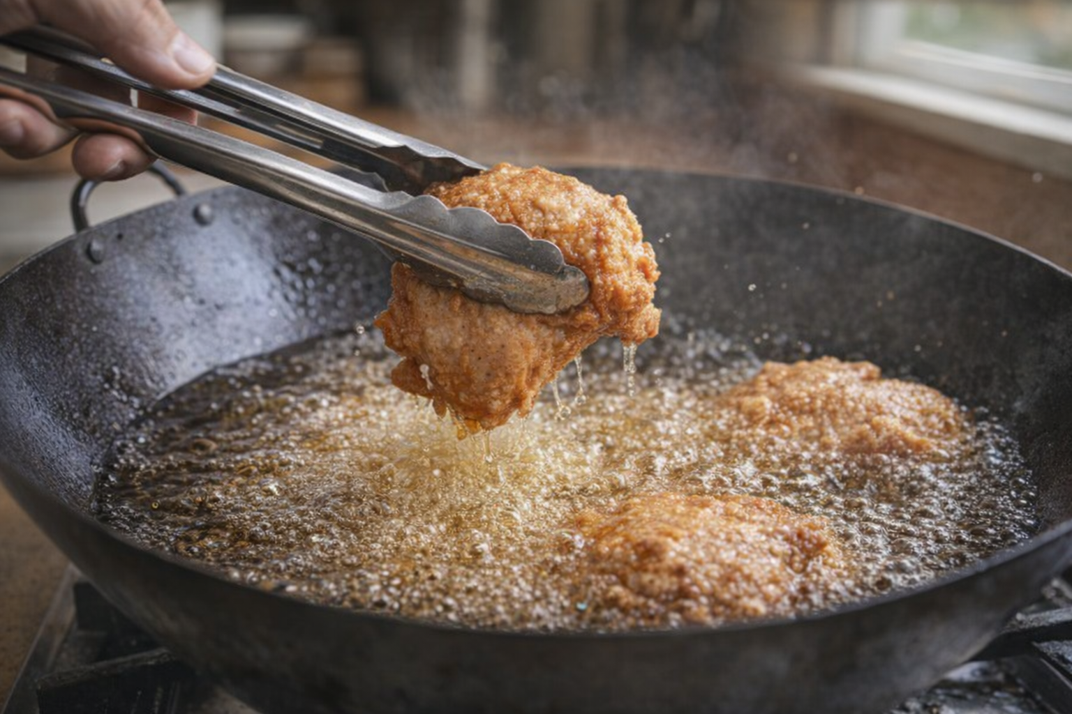 An eye-level shot of chicken pieces being carefully lowered into hot oil in a wok, bubbling around the chicken, with tongs holding the chicken pieces.